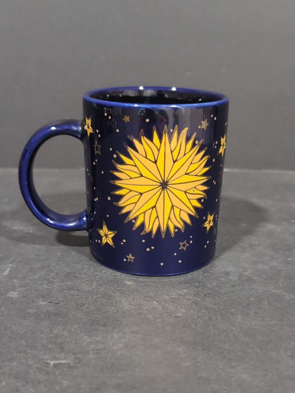VGT 1994 Cobalt Blue Gold Foil Celestial Sun/Moon/Stars Coffee Mug.